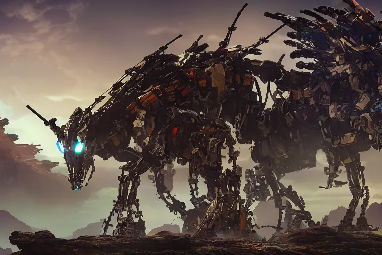 Image similar to bristleback machine mecha animal beast robot of horizon forbidden west horizon zero dawn bioluminiscence global illumination ray tracing hdr fanart arstation by sung choi and eric pfeiffer and gabriel garza and casper konefal