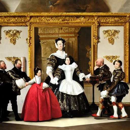 Prompt: velazquez painting the spanish royal family and their robotic maid, baroque style.