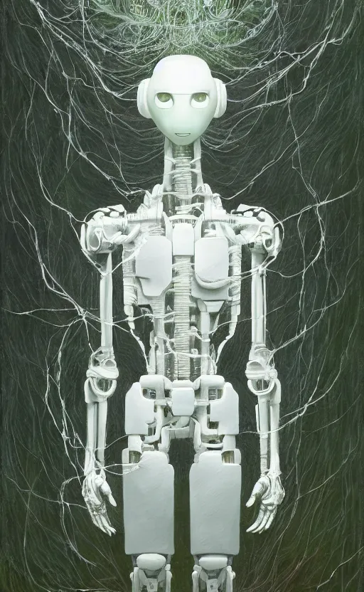 Prompt: studio portrait of a white robot exoskeleton covered ivy, flowers, with translucent fiber optic hair. elegant white plastic. steven kenny. simon stalenhag. beksinski. rutkowski. bibin. wlop. ghibli. sharp focus, masterpiece. physically based rendering.