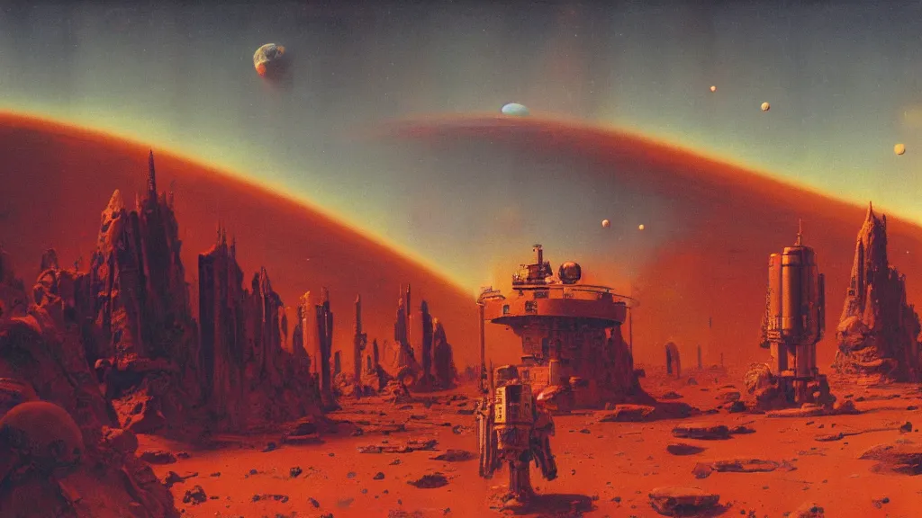 Image similar to mars colony by paul lehr and john schoenherr, cinematic matte painting