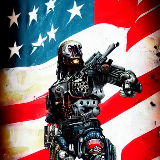 Prompt: America eagle with guns, cyborg, cyberpunk, goes hard, heavy metal, gritty, artstation, trending, detailed, patriotic.