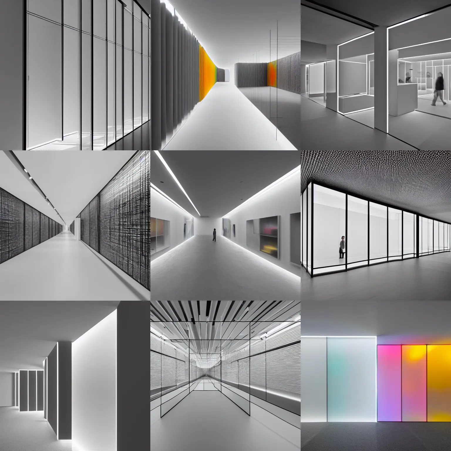 Prompt: the interior of a gallery made of grayscale edge lit glass and small boxes, looking out into a brightly colored 3 d colorspace. designed by nendo, cgsociety,