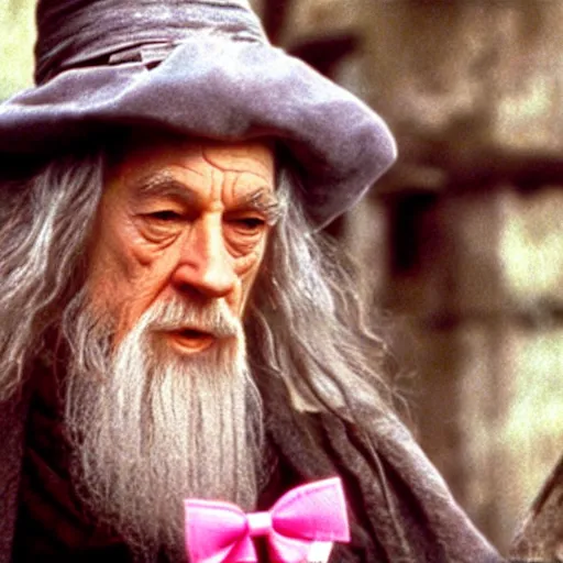 Prompt: gandalf with a pink bowtie on his head, holding a blank playing card up to the camera, movie still from the lord of the rings