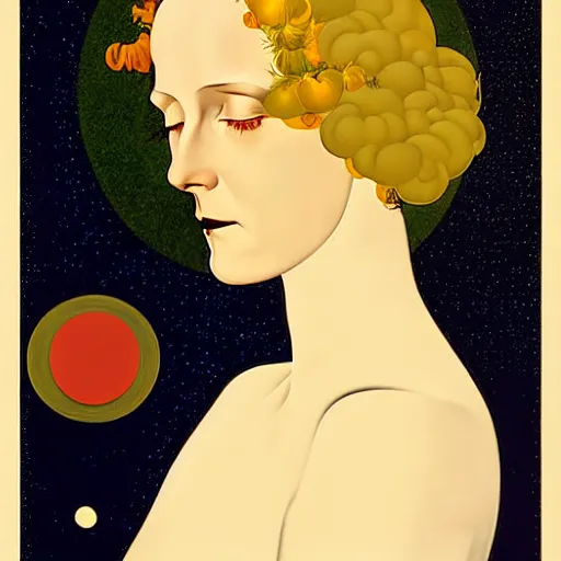 Image similar to Art in the style of Coles Phillips, Gaia, Mother Earth, stars, space, earth, ecology, side portrait