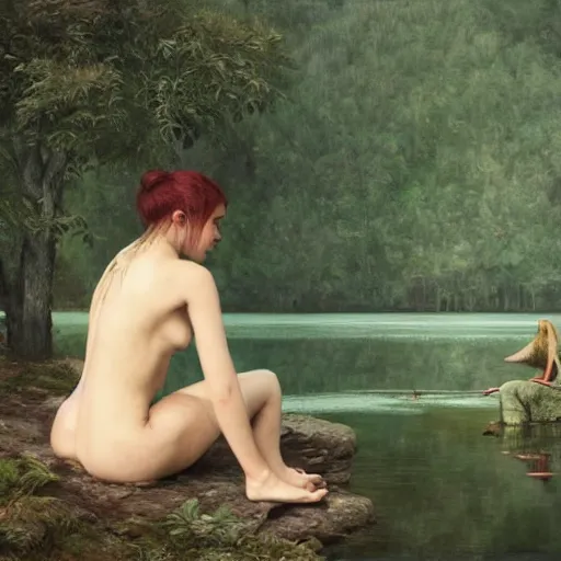 Prompt: Bird-Human-Hybrid, Harpy, sitting at a pond, mountainous area, trees in the background, oil painting, by Fernanda Suarez and Edgar Maxence and Greg Rutkowski