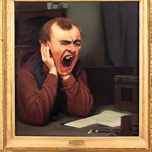 Image similar to an angry man yells at his computer monitor, oil on canvas, 1 8 8 3, highly detailed