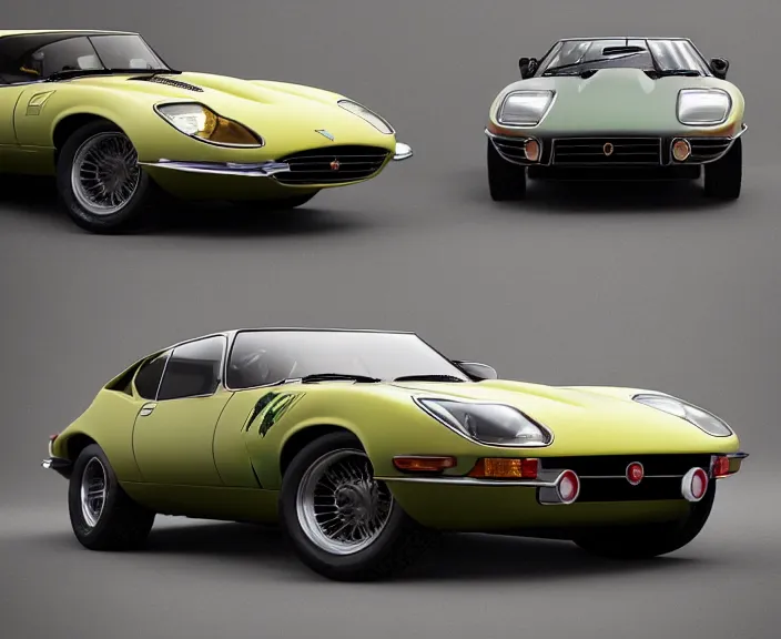 Prompt: a detailed combination of a jaguar e - type, lamborghini countach and a datsun 2 4 0 z, concept photo, round headlights, 8 k, highly detailed, dramatic lighting