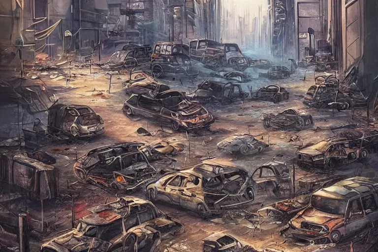 Image similar to the answer to the life!dream a lone wanderer in a dystopian city with lots of debris, cars, and fires, extremely detailed painting