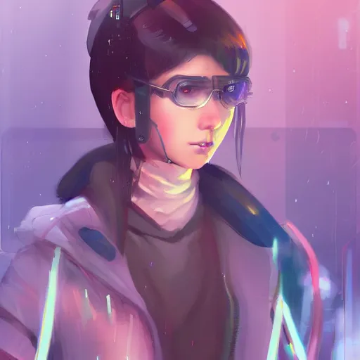 Image similar to character sheet cute girl hacker, digital art by wlop. character design concept art. artstation contest winner, blade runner, scifi, candy girl