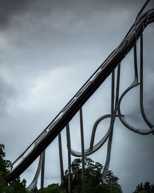 Image similar to a high definition photograph of a roller coaster track that goes out of sight into the dark clouds