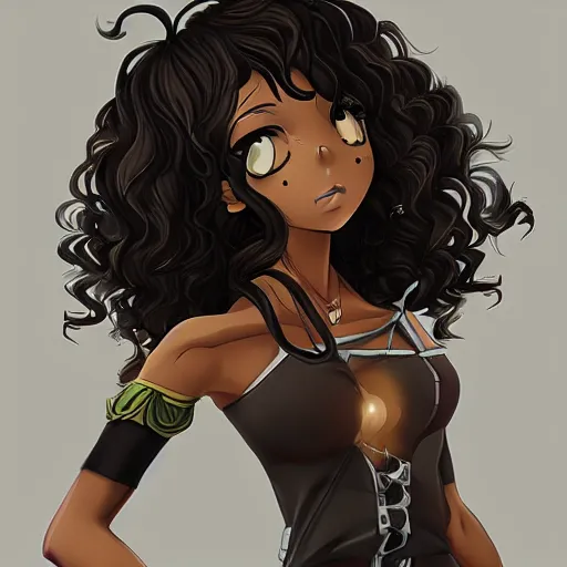 Image similar to A brown skinned woman with black curly hair as an anime character, highly detailed, artstation