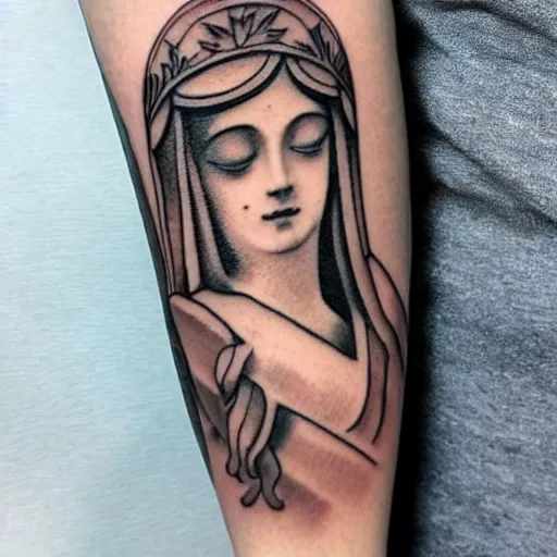 Image similar to beautiful thin wan angelic goddess in the style of fernand khnopff and lucien levy - dhurmer, tattoo on arm, detailed beautiful tattoo
