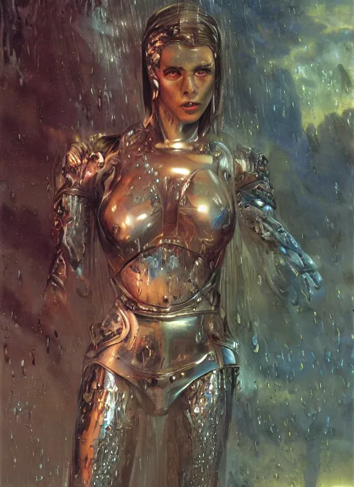 Image similar to a biblical diabolical beautiful female android, rain on face, shiny hi tech armor, dynamic pose, splashing, heavy eyes to the side, glowing veins, in clouds, rain, sunset, portrait, by gerald brom, by mikhail vrubel, by peter elson, muted colors, extreme detail, reflections, trending on artstation, 8 k