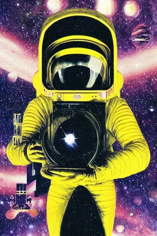 Image similar to poster art, movie poster, retrofuturism, sci - fi, textured, paper texture, 2 0 0 1 : a space odyssey by edward valigursky, yellow space suit, space station