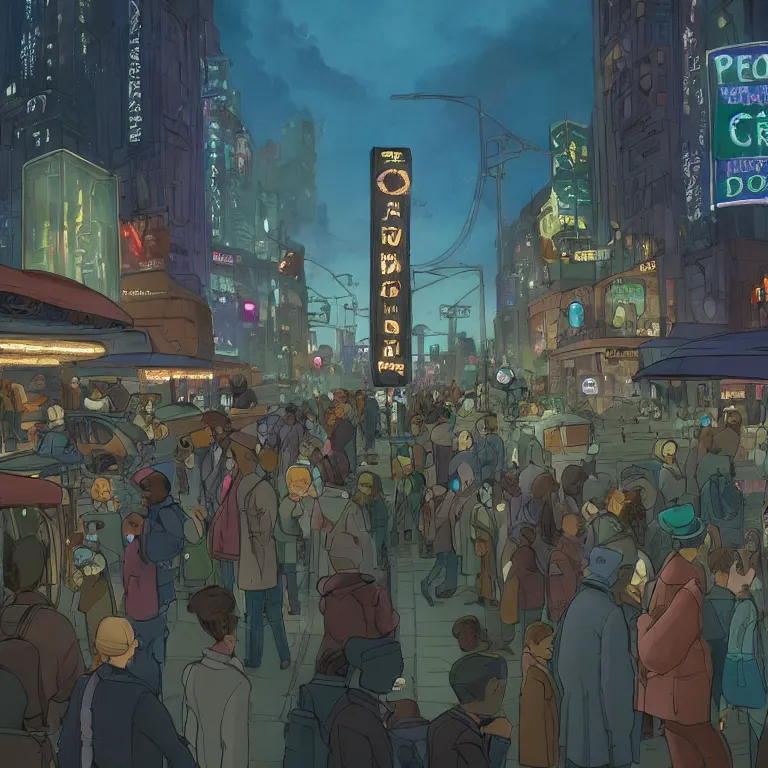 Image similar to few people waiting in a bus stop in dark city night, detailed, high quality, high resolution, screenshot from Zootopia