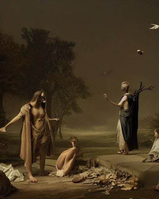 Prompt: turning and turning in the widening gyre, the falcon cannot hear the falconer, in the style of gregory crewdson, dark and moody