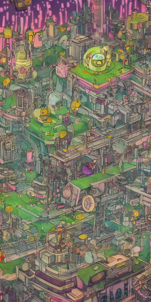 Prompt: technologic city with flowers on a steampunk land in the cuphead art style, smooth, cinematic, wet reflections, ray tracing x, rtx, smooth