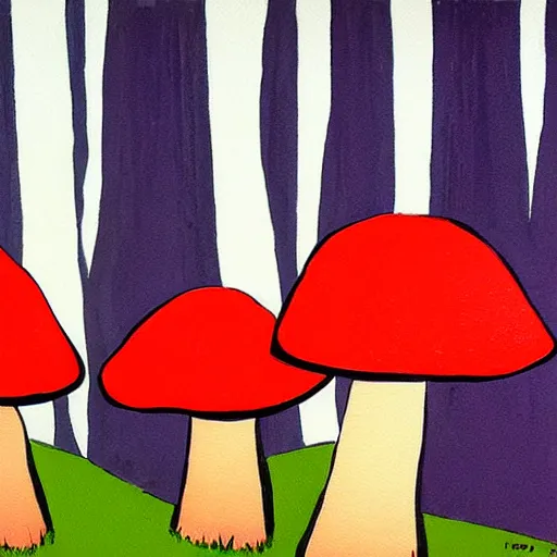 Image similar to modern painting giant mushrooms with red caps in a forest that is bright and cheerful