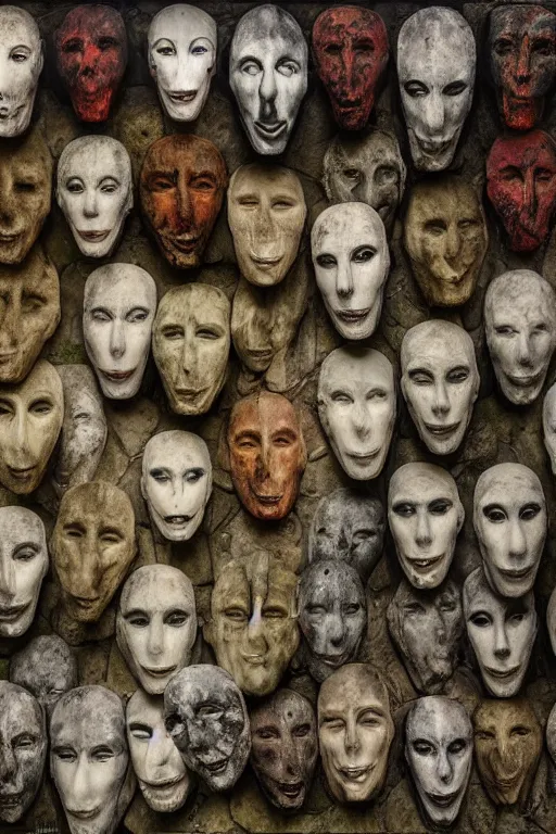 Prompt: a stone wall filled with funeral masks in the style of wayne barlowe, gustav moreau, goward, bussiere, roberto ferri, santiago caruso, luis ricardo falero, austin osman spare