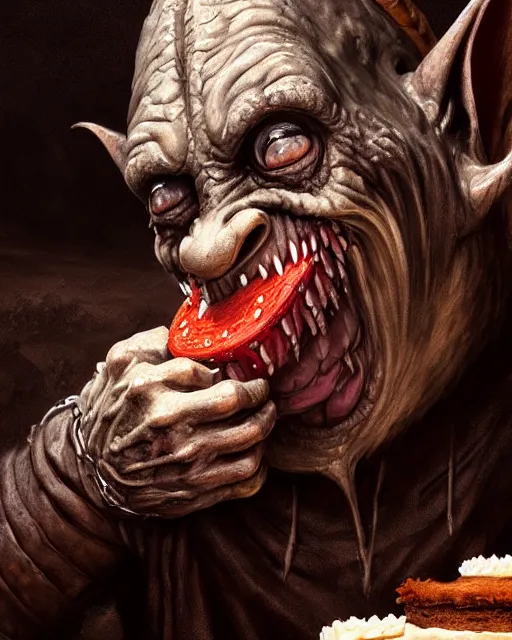 Image similar to closeup profile face portrait of a medieval goblin eating cakes in the cathedral, beautiful face, hyper realistic, highly detailed, digital painting, artstation, illustration, concept art by hyung tae, frank frazetta, bosch, giger, digital paint, matte paint, washed colors, dark, gloomy, detailed and intricate environment