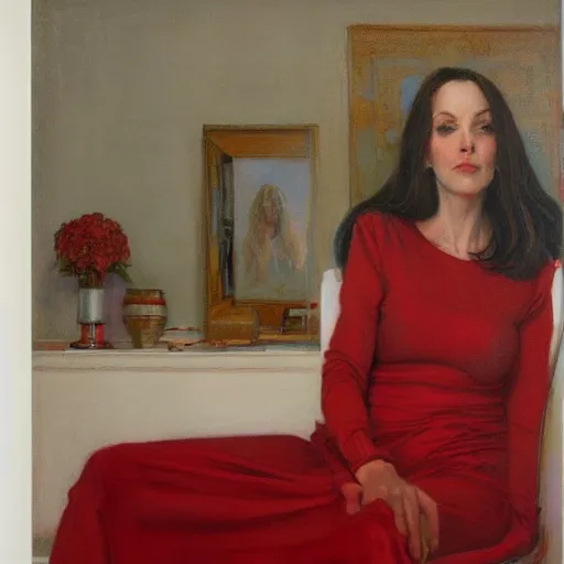 Prompt: woman wearing red, in a ( white room ), by donato giancola.