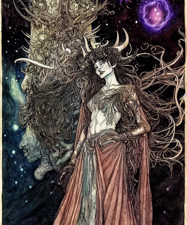 Prompt: A detailed horned many-multiplefaced-goddess stands among the cosmos. Wearing a ripped mantle-robe in cosmic texture. Blurred smudged faces, extremely high details, realistic, fantasy art, solo, masterpiece, colorful art by Arthur Rackham, Dariusz Zawadzki