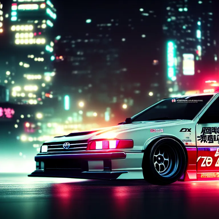 Image similar to toyota jzx 1 0 0 drift, detailed - wheels, shibuya prefecture, cyberpunk girl, cinematic lighting, photorealistic, night photography, octane render