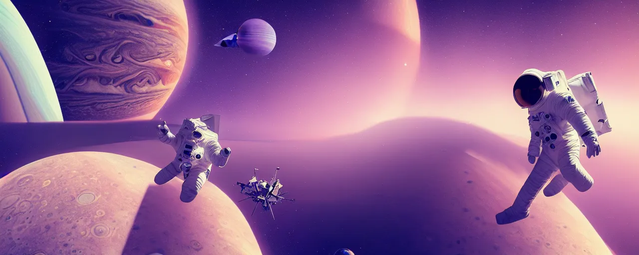 Image similar to astronaut in the space between jupiter and saturn, vaporwave asthetics, 8 k uhd, unreal engine