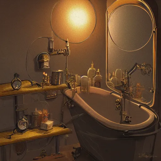 Image similar to steampunk bright tiny bathroom in the warm morning light, soap, bubbles, small perfumes, beautifully lit, painting, high resolution, trending on artstation