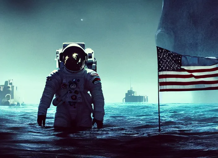 Image similar to astronaut holding a flag in an underwater desert. a submarine is visible in the distance. dark, concept art, cinematic, dramatic, atmospheric, 8 k, trending on artstation, blue, fish, low visibility, fog, ocean floor, christopher nolan, interstellar