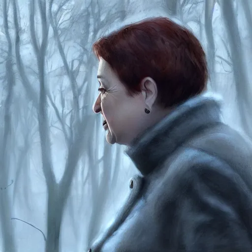 Prompt: close - up shot of supreme court justice elena kagan going for a walk in the woods, digital art by ruan jia and mandy jurgens and artgerm, realistic face, highly detailed, trending on artstation, award winning