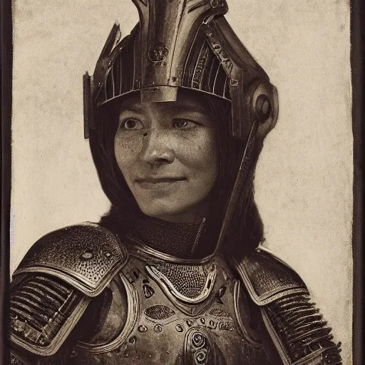 Prompt: head and shoulders portrait of a female knight, quechua, lorica segmentata, cuirass, tonalist, symbolist, realism, chiaroscuro, ambrotype, baroque, engraving, indigo and venetian red, detailed, raven, modeled lighting, vignetting, angular, smiling