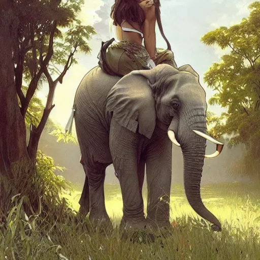 Image similar to an elephant on a green meadow art by artgerm and greg rutkowski and alphonse mucha