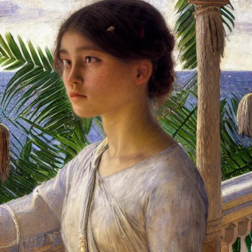 Image similar to a ultradetailed beautiful painting of a girl in the amazonas palace balustrade designed by jules bastien - lepage, tarsila do amaral, frank weston and gustave baumann, beach, trending on artstation, mediterranean, palm trees, hyper detailed face, sharp focus, soft light, 8 k 4 k