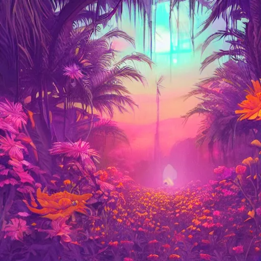 Image similar to a place full of flowers, epic retrowave art, trending on art station