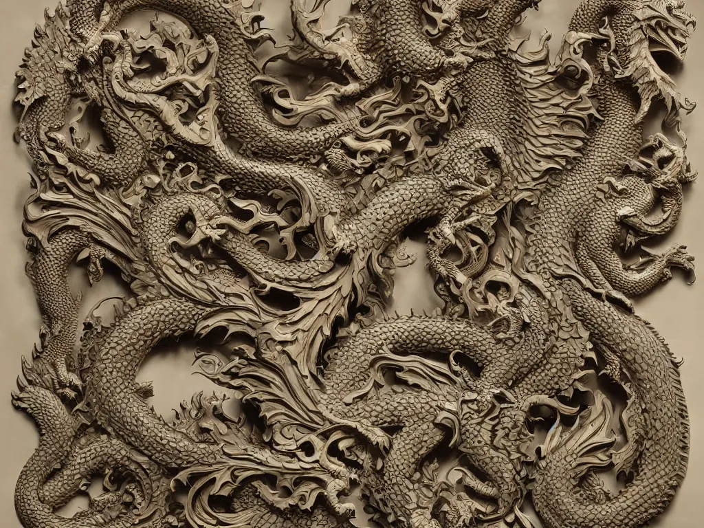 Prompt: dragon ivory wall carving,intricate fractal abstraction, artstation, John Kenn Mortensen, Mat Collishaw, complex, ultradetailed and intricate, high resolution