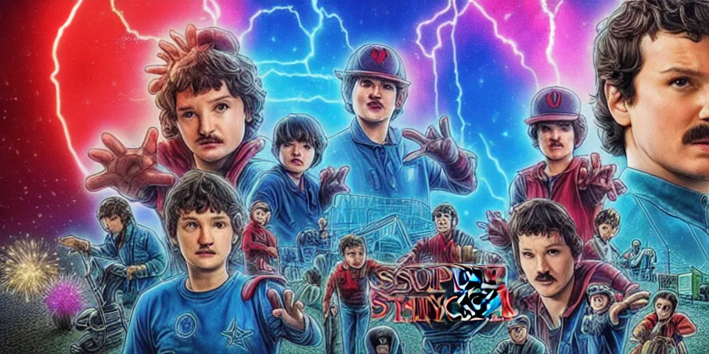 Prompt: pedro pascal stars as super mario in live action, stranger things and marvel style, heroic pose, poster, accurate ultra realistic faces, 4 k, movie still, uhd, sharp, detailed, cinematic, render, modern