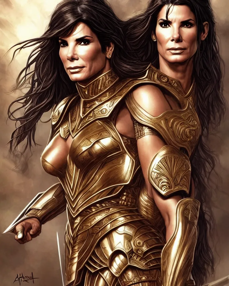 Image similar to a young sandra bullock as an amazon warrior, tall and beautiful with brown skin and long hair, dressed in hellenistic body armor, intricate, elegant, highly detailed, smooth, sharp focus, detailed face, art by ardian syaf