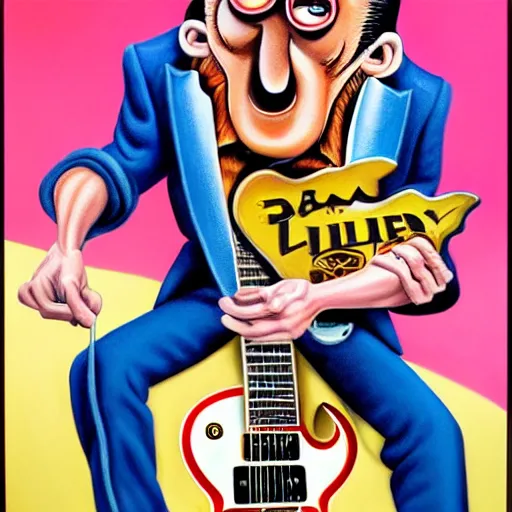 Prompt: beautiful lifelike painting of barry chuckle shredding on a gibson les paul, furious guitar solo, hyperreal detailed facial features and uv lighting, art by ed roth and basil wolverton