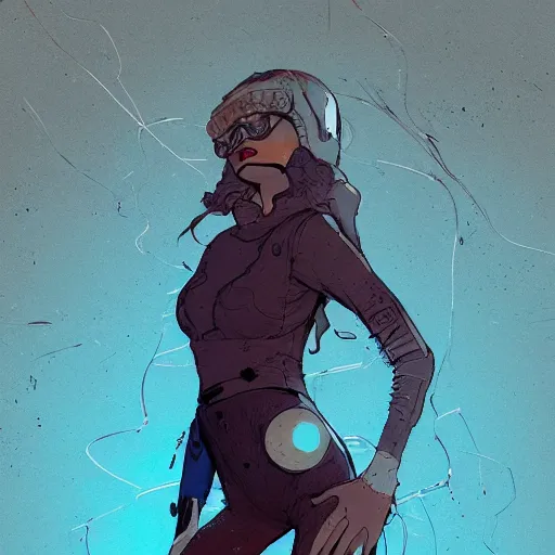 Image similar to highly detailed portrait of an electric woman, by atey ghailan, by greg rutkowski, by greg tocchini, by james gilleard, by joe fenton, by kaethe butcher, gradient blue, black, brown and cyan color scheme, grunge aesthetic!!! ( ( graffiti tag wall background ) )