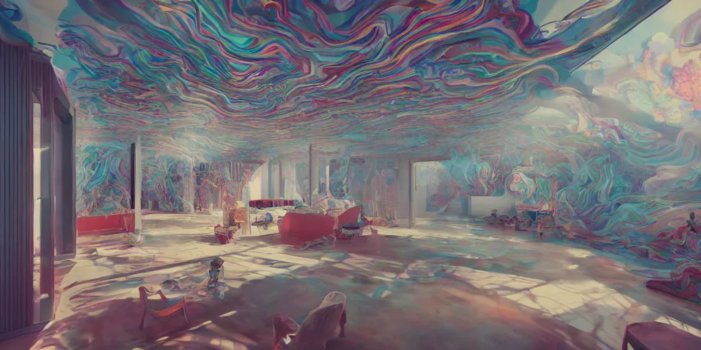 Prompt: a modern indoor room full of insane detailed colorfull smoke, clean architecture, pastel colored, intricate detailed 3 d render, hyper realistic intricate acrilic fluid art, elegant, intense colors, wide shot, octane render, concept art, daylight, peaceful, 8 k