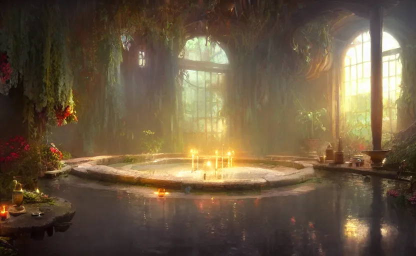 Image similar to painting of an interior of a hot spring with candles, fantasy, lush plants and flowers, natural light, concept art, by greg rutkowski and craig mullins, cozy atmospheric and cinematic lighting, trending on artstation