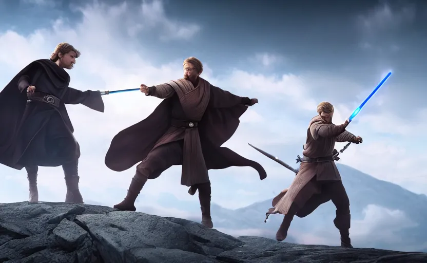 Image similar to anakin skywalker and obi wan kenobi engaging in an epic duel on a cliffside, epic, fantasy artwork, intense, cinematic, raytracing, dynamic lighting, 4 k