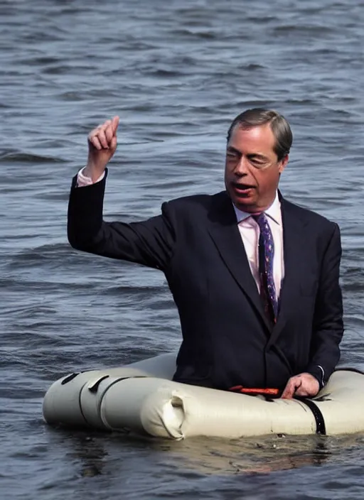 Image similar to Photograph of Nigel Farage crossing the British Channel in a sinking dingy, drowning, realistic, high quality, photography