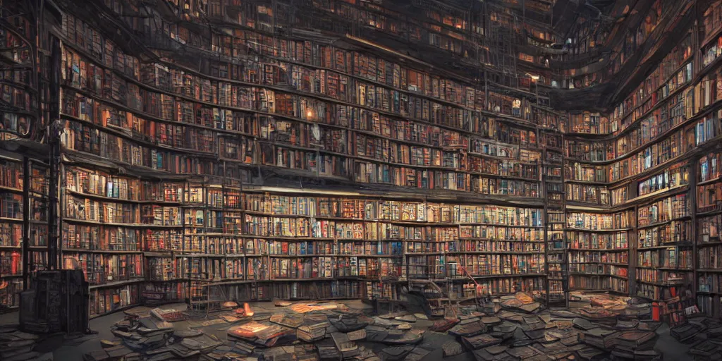 Image similar to cinematic shot of a vast interior of an old bookstore full of books with ladders and stairways, dystopian future, neon lights, sci - fi, night lights, haze, concept art, intricate, in the style of katsuhiro otomo, akira, unreal engine