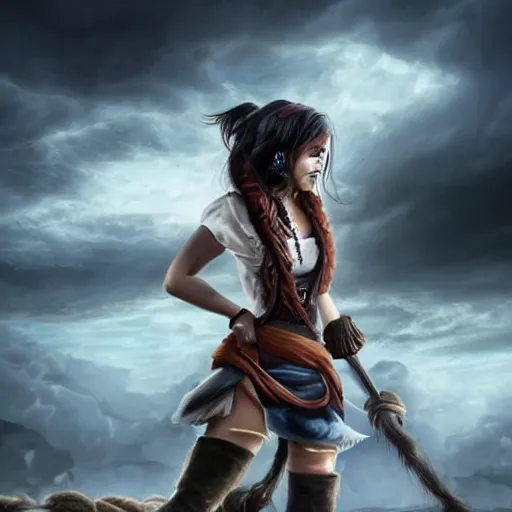 Image similar to a strong young pirate woman in a sleeveless vest, mid twenties, angry, black lines running up her arms like veins, fighting, storm clouds in the background, long dark hair, character art, full body art, Dungeons and Dragons, D&D, trending on artstation, artgerm, 4k ultra hd, sharp focus, digital art by Ilya Kuvshinov and Ross Tran,