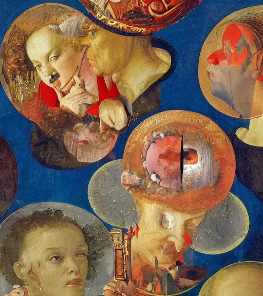 Prompt: an oil painting by arcimboldo, by fra angelico, by botticelli, by norman rockwell, by georgia o keeffe seen through a kaleidoscope, detailed, high resolution, scratches,