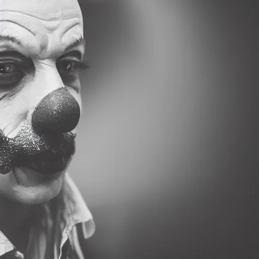 Image similar to an old 5 0 mm close up portrait of a man putting on clown makeup in a dark foggy alley