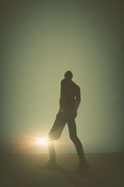 Image similar to agfa vista 4 0 0 photograph of a skinny guy getting abducted by alien spaceship, lens flare, back view, moody lighting, moody vibe, telephoto, 9 0 s vibe, grain, vintage, tranquil, calm, faded