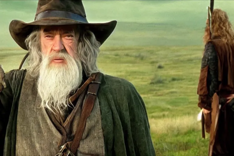Image similar to Cowboy Gandalf wearing Stetson hat and leather trousers. Movie still from lord of the rings the fellowship of the ring.